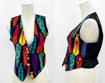 Vintage 90s Women's M Silk Colorful Unique Neck Tie Print Vest Menswear Inspired