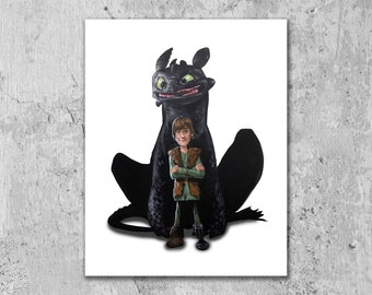 Toothless and Hiccup, How to Train Your Dragon, Fan art, art print, 11x14" print