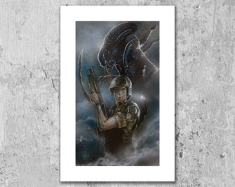 Hicks en Xeno, kunst gebaseerd op ALIENS, met Cpl. Hicks (Michael Biehn) en ALIEN, kunst aan de muur, 11 x 17" print