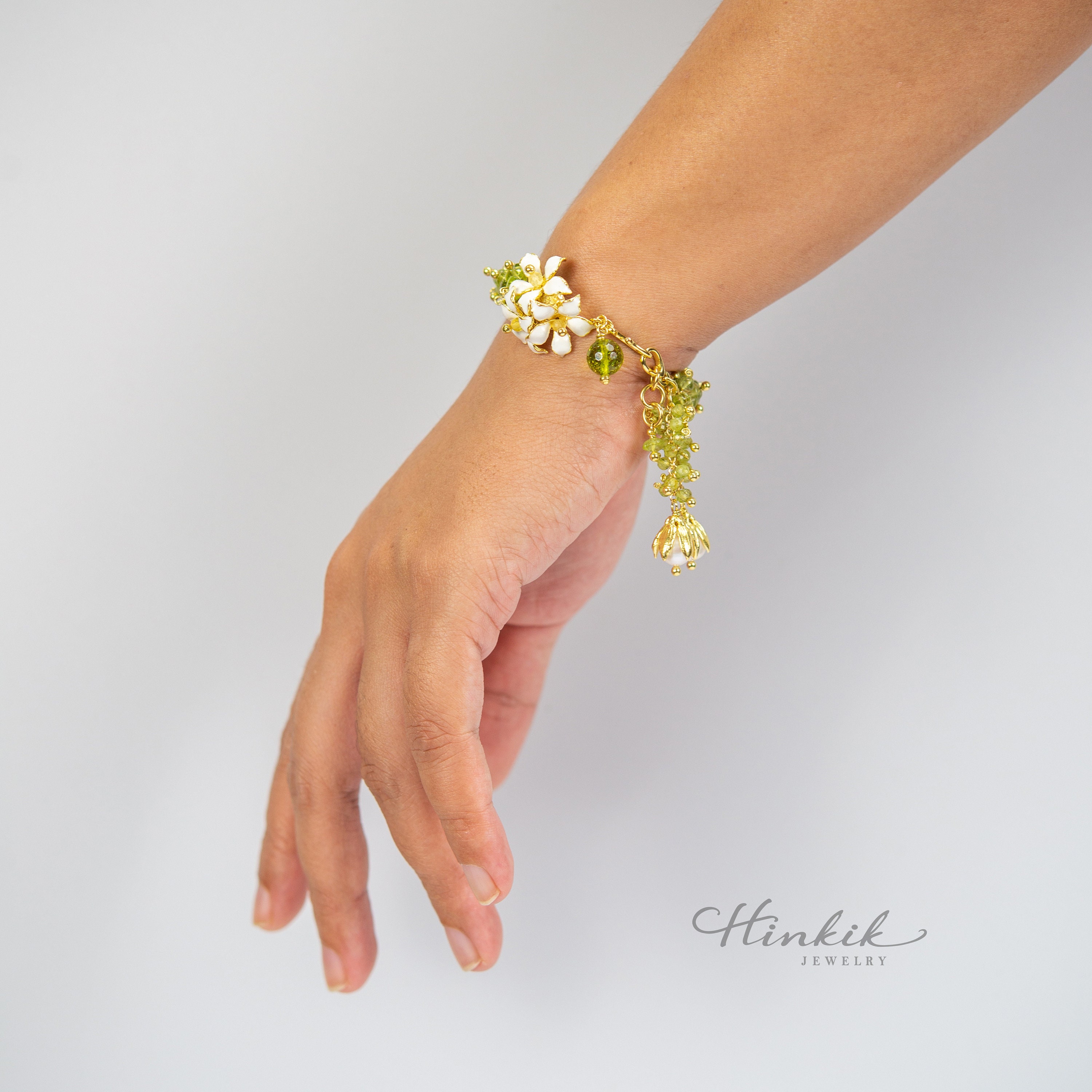 Orange Jasmine Flower Bracelet With Peridot and Pearl