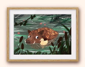 Warthog and Duckling - Art Print. Forest, Birds, Woodland, Valentine’s Day