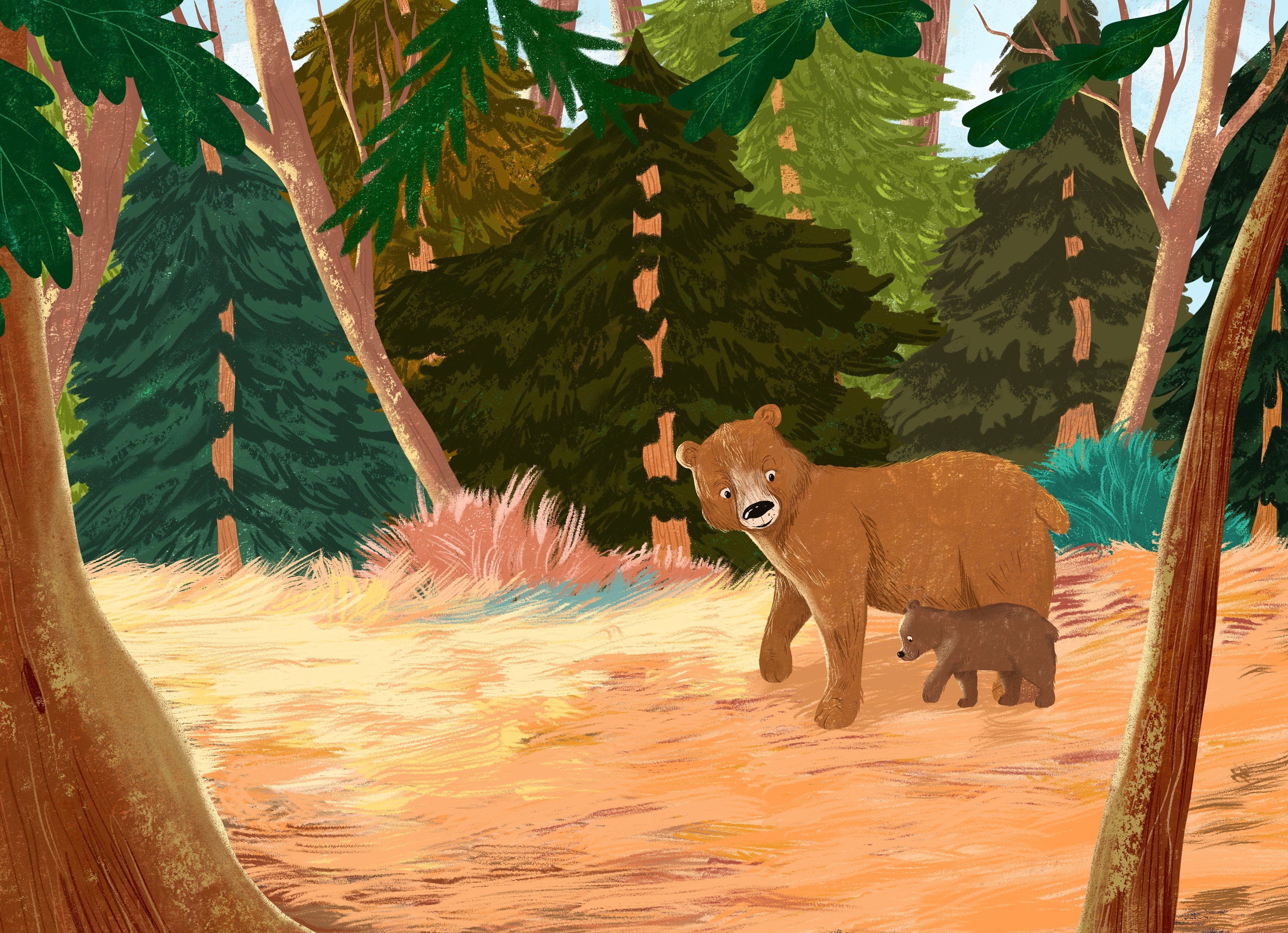 Bear And Cub In Forest Art Print Mother and baby Bear | Etsy
