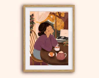 Cosy Autumn Morning 2 - Art Print - Tea and Biscuits - Fall - Music - Record Player - Vinyl - Purple Option