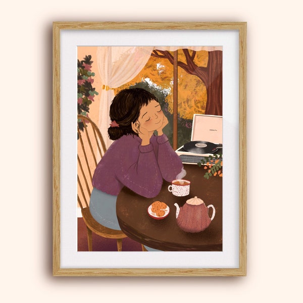 Cosy Autumn Morning 2 - Art Print - Tea and Biscuits - Fall - Music - Record Player - Vinyl - Purple Option