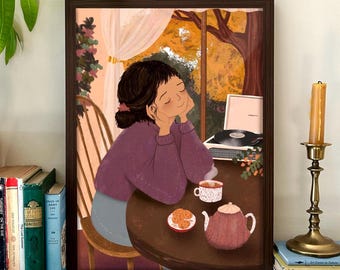 Puede incluir: Una ilustración enmarcada de una mujer sentada en una mesa con una taza de té y galletas. Está escuchando música en un tocadiscos. La ventana detrás de ella muestra una vista de hojas de otoño.