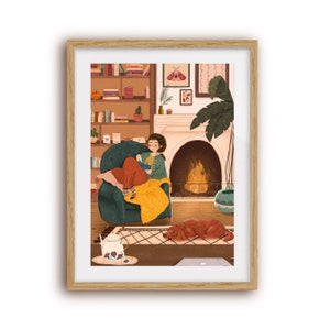 Reading By The Fire - Art Print - Pet Dog - Cosy - Autumn, Fall, Pumpkin - Tea - Square or Portrait