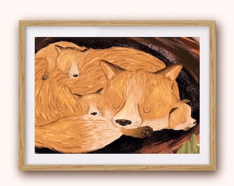 Fox and Cubs 2 - Art Print - Autumn, Cozy, Fall - Mother’s Day
