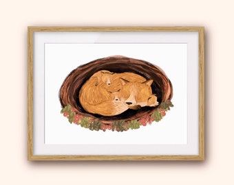Fox and Cubs - Art Print - Autumn, Cozy, Fall - Mother’s Day