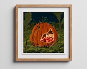 Snuggling Mice In Pumpkin House - Art Print - Two Options Available - Halloween - Fall, Autumn - Hygge - Cozy