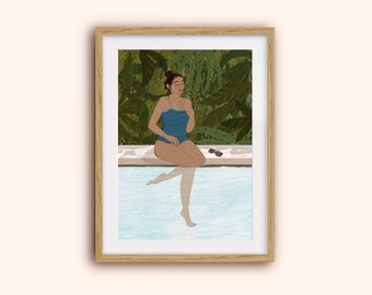 May include: A framed illustration of a person sitting on the edge of a pool. The person is wearing a blue swimsuit and has their legs in the water. The background is a lush green tropical garden.