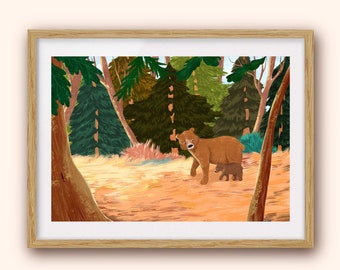 Mother’s Day - Bear And Cub In Forest - Art Print - Mother and baby - Bear Cub