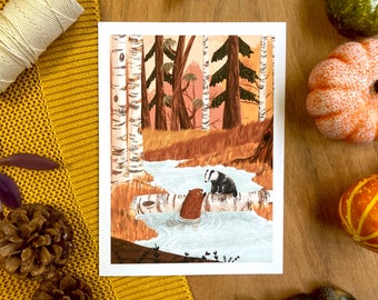 Beaver and Badger Friends - Original Illustration Print - Autumn, Fall