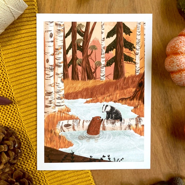 Beaver and Badger Friends - Original Illustration Print - Autumn, Fall