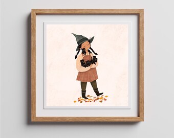 Piccola strega con gatti neri - Stampa artistica - Gattini - Halloween - Autunno