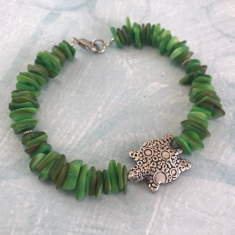 Turtle Bracelet with Green Shell Beads