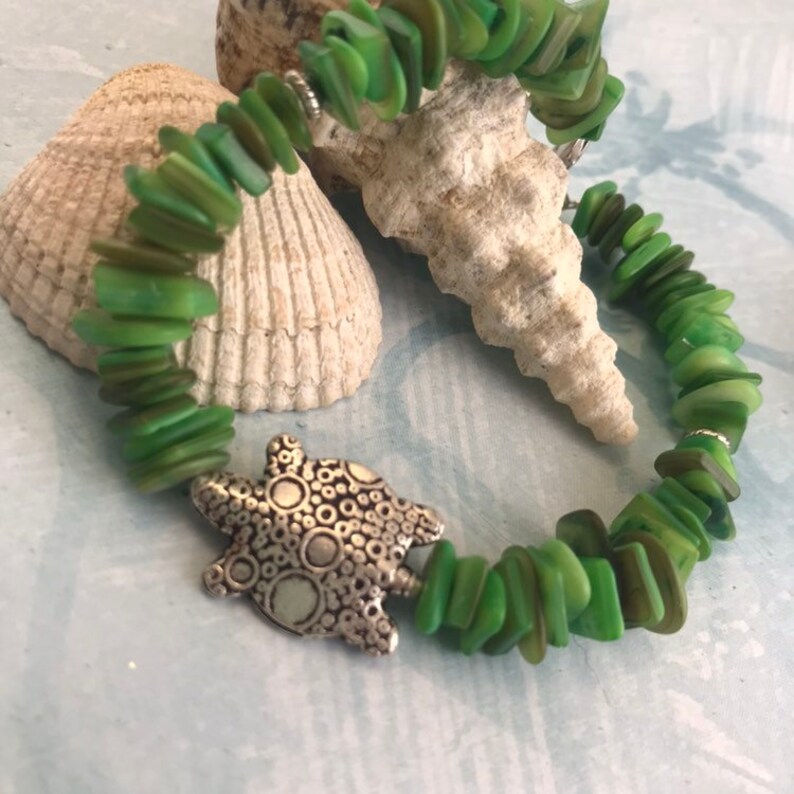 Turtle Bracelet with Green Shell Beads