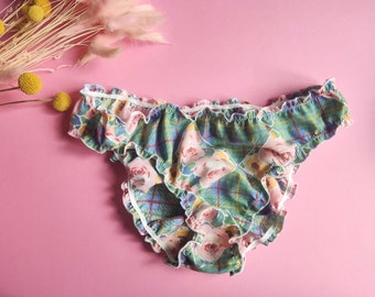 Upcycled briefs with frilly flowers and green checks