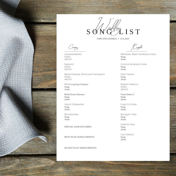 ELEMENTAL Wedding Day Song list, Simple Customizable Templates, Digital Download, DJ Song List, Wedding Music Planner