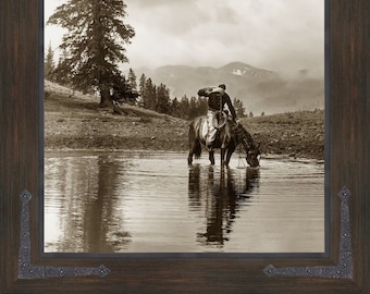 American Cowboy at the Watering Hole - Vintage Cowboy Western Artwork in Rustic Frame with Hardware for Home Decor