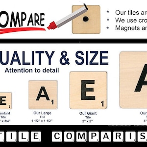 May include: Comparison of four different sizes of wooden Scrabble tiles. The tiles are made of solid wood and have chrome magnets. The tiles are labeled with the letters "E" and "A" and their point values. The tiles are 3/4 inch, 1 1/2 inch, 2 inch, and 3 inch in size.