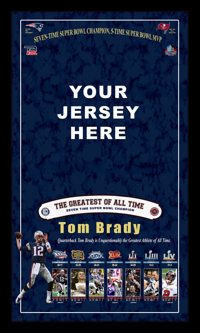 May include: Poster with a dark blue marble background featuring the text "YOUR JERSEY HERE" and images of Tom Brady. Includes text: "SEVEN-TIME SUPER BOWL CHAMPION, 5-TIME SUPER BOWL MVP" and "THE GREATEST OF ALL TIME".