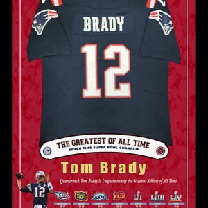 May include: Framed display featuring a navy blue football jersey with "BRADY 12" on the back. The display includes text: "SEVEN-TIME SUPER BOWL CHAMPION" and images of Tom Brady. A tribute to a legendary athlete.