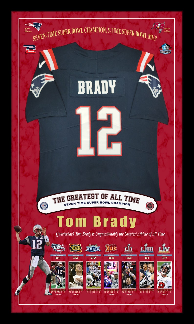 May include: Framed display featuring a navy blue football jersey with "BRADY 12" on the back. The display includes text: "SEVEN-TIME SUPER BOWL CHAMPION" and images of Tom Brady. A tribute to a legendary athlete.