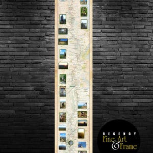 May include: A vertical map print with a cream-colored border, featuring a detailed map with small photo inserts. The top left corner displays a green and white emblem. The bottom right corner has a black circle with the text "REGENCY Fine Art & Frame".