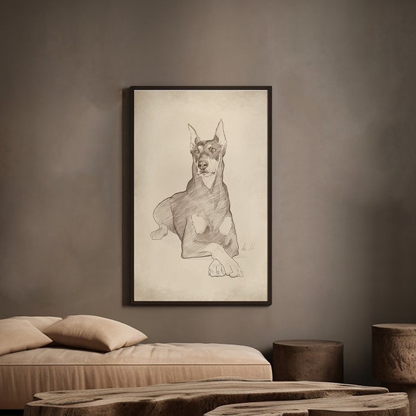 Doberman Drawing Art, Digital Download, Vintage Style Beige Wall Art, Dog Pencil Sketch, Dog Lovers, Neutral Earthy Tone