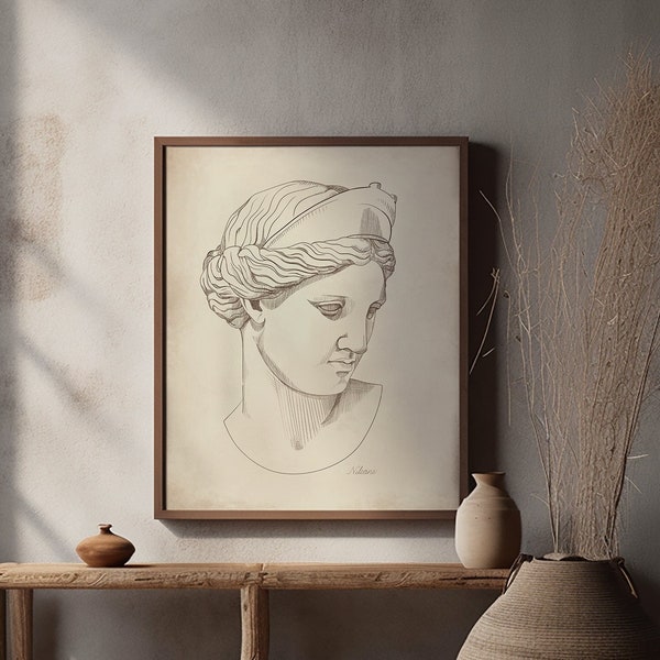 18th Century Italian Female Bust Drawing, Digital Ancient Greek Sculpture Art Print, Vintage Wall Art Decor, Neutral Beige, Printable