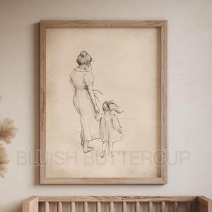 Vintage Style Mother Daughter Sketch, Digital Beige Girl Bedroom Drawing, Wall Art Print, Neutral Earthy Tone Nursery