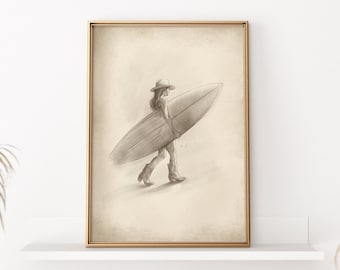 Coastal Cowgirl Wall Art, Vintage Style Beige Drawing, Surf Cowgirl, Printable Digital Download, Southwestern wall art, Neutral Earthy Tone