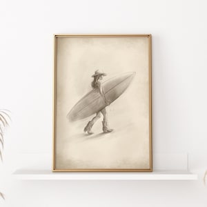 Coastal Cowgirl Wall Art, Vintage Style Beige Drawing, Surf Cowgirl, Printable Digital Download, Southwestern wall art, Neutral Earthy Tone