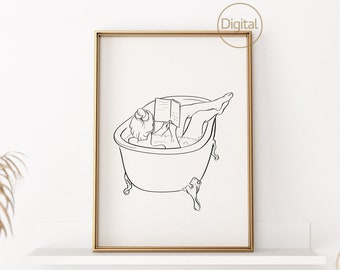 Stampabile "Ragazza che legge nella vasca da bagno", arte murale digitale in bianco e nero con linee minimaliste, stampe da bagno con disegni libreschi, verticale