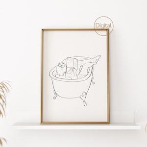 Printable Reading Girl in Bathtub, Digital Black and White Minimalist Lines Wall Art, Drawing Bookish Bathroom Prints, Vertical