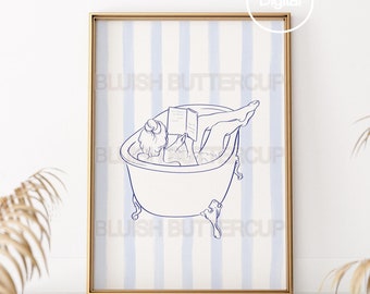 Chica leyendo en la bañera con franjas azules imprimibles, arte mural digital minimalista de líneas, impresiones para baño con dibujos de libros, vertical