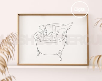 Stampabile Ragazza che legge nella vasca da bagno, Arte murale con linee minimali in bianco e nero, Stampa artistica digitale con disegno da bagno, Orizzontale