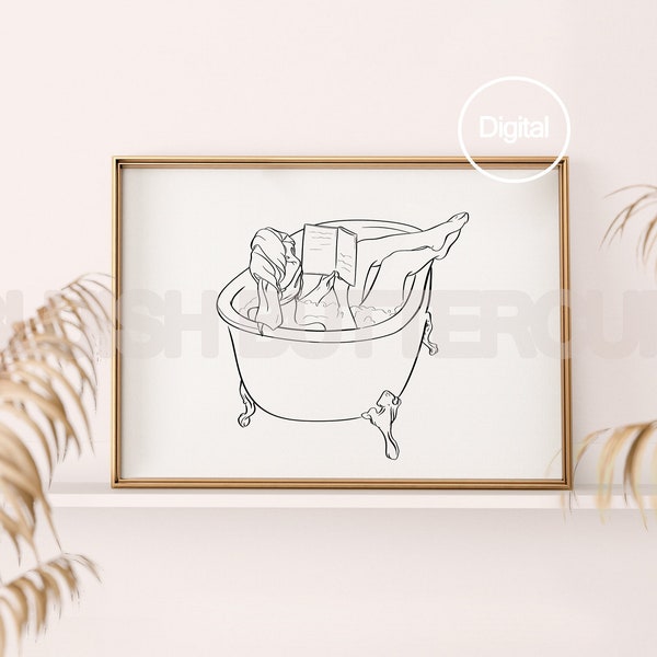 Printable Reading Girl in Bathtub, Black and White Minimal Lines Wall Art, Drawing Bookish Bath-time Digital Art Print, Horizontal