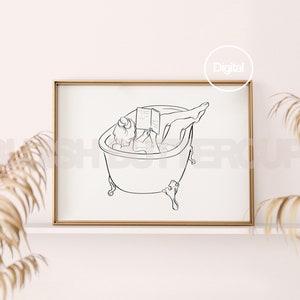 Druckbare lesende Mädchen in der Badewanne, digitale Schwarzweiss-minimalistische Linien Wandkunst, zeichnen Bookish Badezimmerdrucke, horizontal