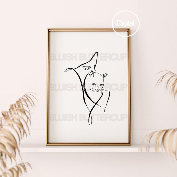 One Line Cat Art Print, Printable Black And White Single Line, Girl Kissing Cat, Minimal Lines Poster, Digital Art, Modern Poster