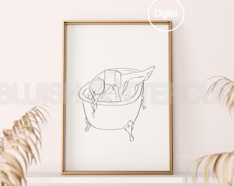 Stampabile: Ragazza che legge nella vasca da bagno, Arte murale in bianco e nero con linee minimali, Disegno da bagno libresco, Design del bagno, Stampa artistica digitale