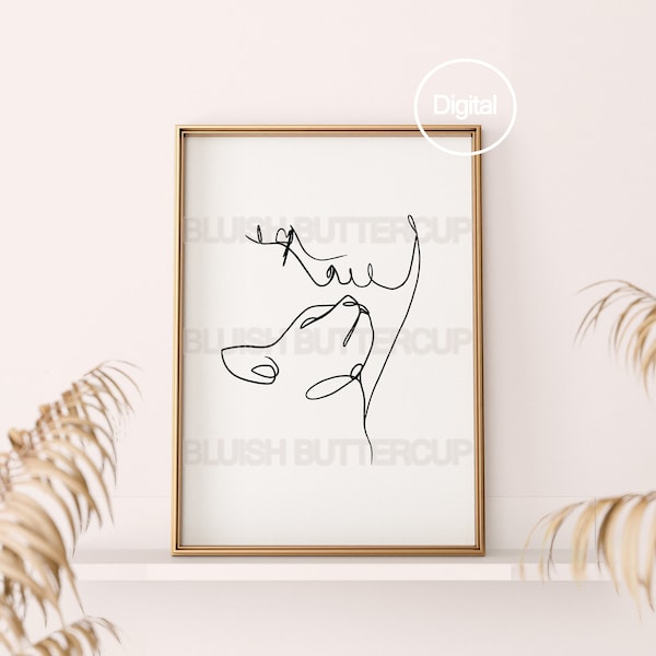 One Line Cat Art Print, Printable Black And White Single Line, Girl Kissing Cat, Minimal Lines Poster, Digital Art, Modern Poster