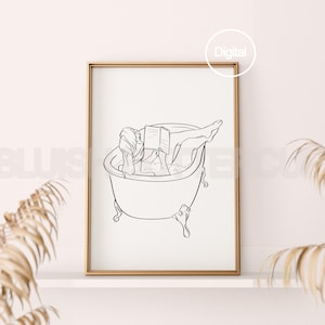 Printable Reading Girl in Bathtub, Black and White Minimal Lines Wall Art, Drawing Bookish Bath-time, Bathroom Design, Digital Art Print