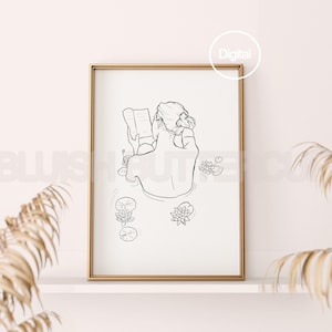 Bathroom Minimal Bookish Girl line Wall Art, Girl in Bathtub with Lotus Flowers, Printable Digital
