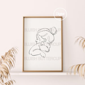 Printable Black And White A Girl And Her Cat, Minimal One Lines Poster, Portrait Lady, Digital Art, Modern Poster
