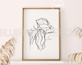 Bücherwurm Katze Mom Line Wall Art Print, Digitale Schwarz-Weiß Minimal Outline Art, A Reading Girl with her Cat, Book Lovers