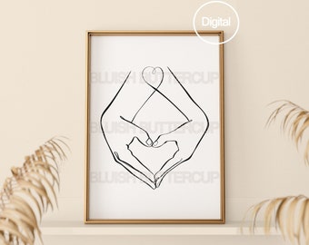 One Line Heart Hand Gesture, Drawing Lovers Wall Art, Couple Romantic, Female Male, Minimalist Black & White Single Line, Printable Digital