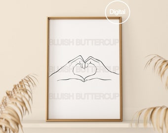 Vrouwelijk vrouw één regel hart handgebaar tekening kunst aan de muur, minimalistische enkele regel, je besties, afdrukbaar digitaal