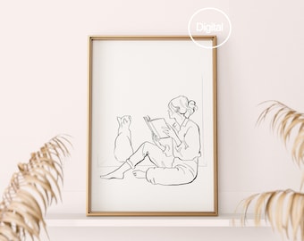 Outline Book Cat Lover Girl Wall Art Print, Printable Black & White Line, Bookish Minimal Poster, Digital Download, Female Library Reading