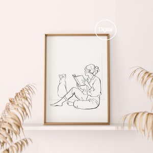 Outline Book Cat Lover Girl Wall Art Print, Printable Black & White Line, Bookish Minimal Poster, Digital Download, Female Library Reading
